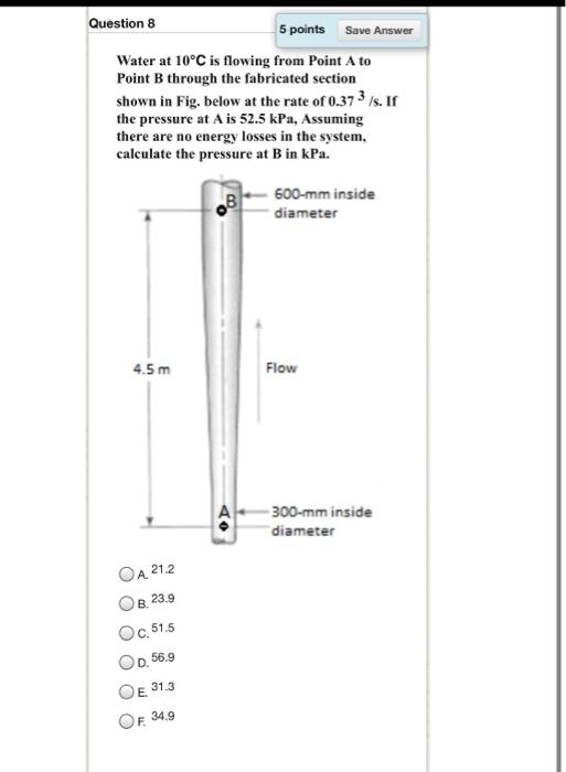 Solved Question 8 5 points Save Answer Water at 10°C is | Chegg.com