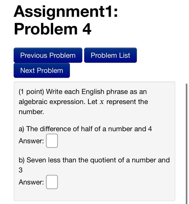 Solved Assignment1: Problem 4 Problem List Previous Problem | Chegg.com