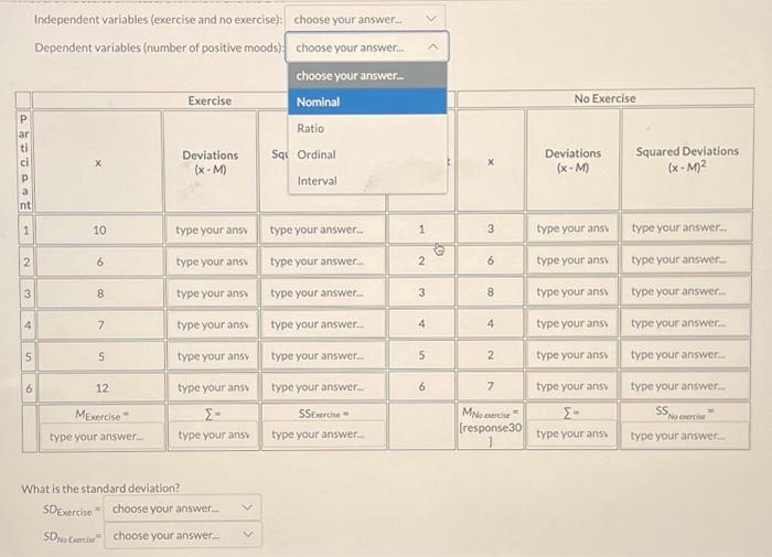 Solved Independent variables (exercise and no exercise): | Chegg.com