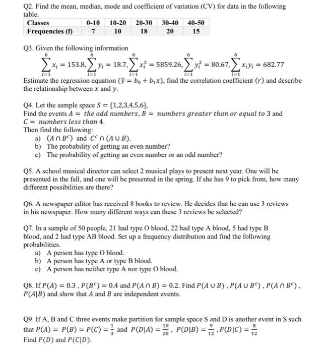 Solved Q2. Find the mean, median, mode and coefficient of | Chegg.com