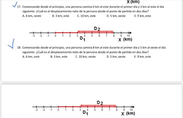 17. Comenzando desde el principio, una persona camina \( 6 \mathrm{~km} \) al este durante el primer dia y \( 3 \mathrm{~km}