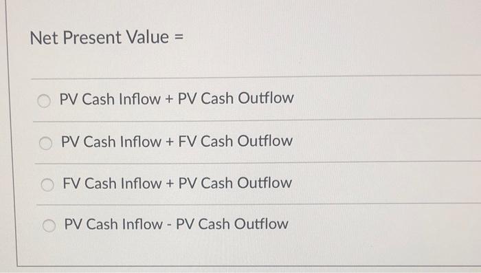 Solved Net Present Value = PV Cash Inflow + PV Cash Outflow | Chegg.com