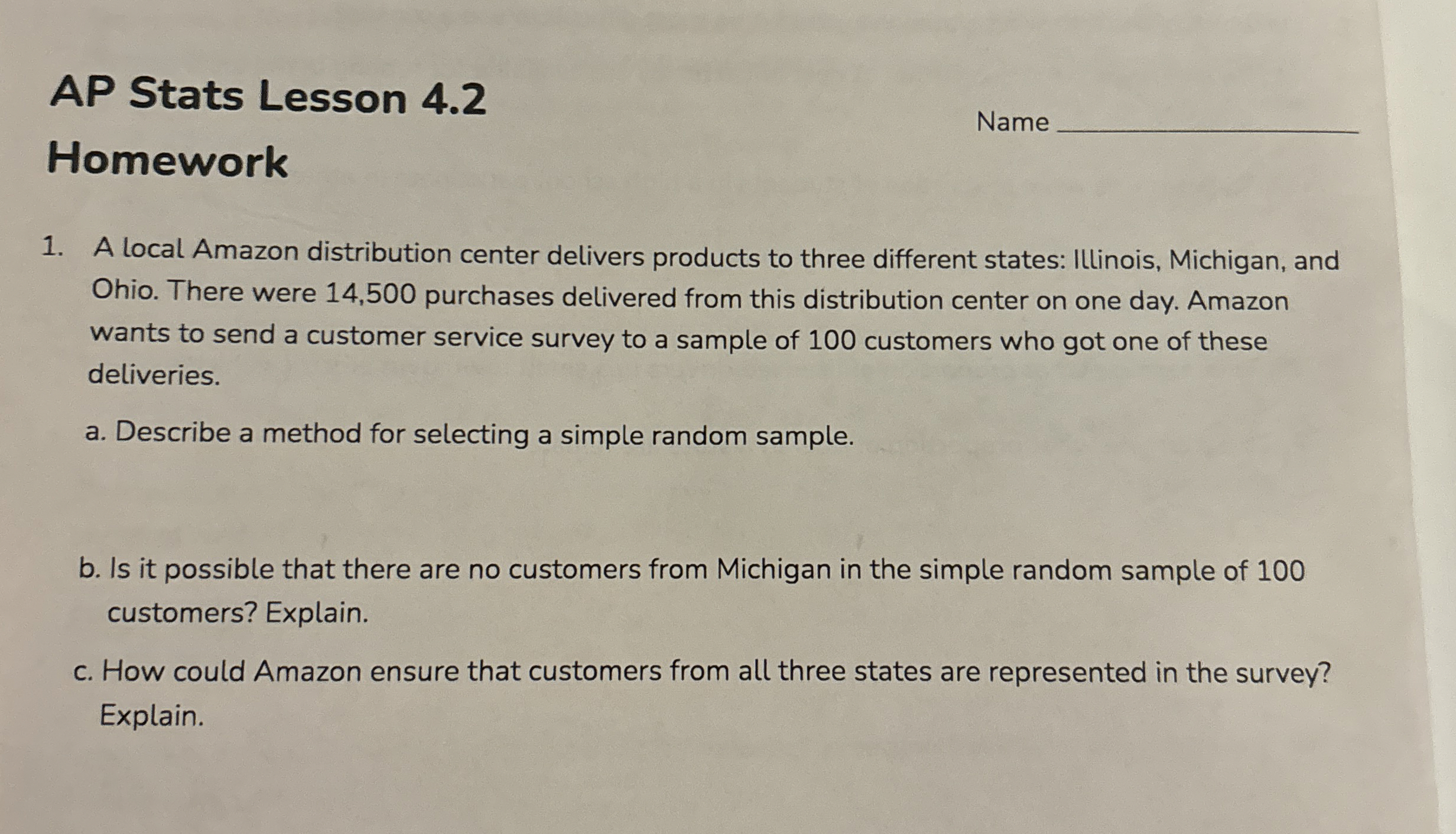 Solved AP Stats Lesson 4.2HomeworkName A local Amazon | Chegg.com