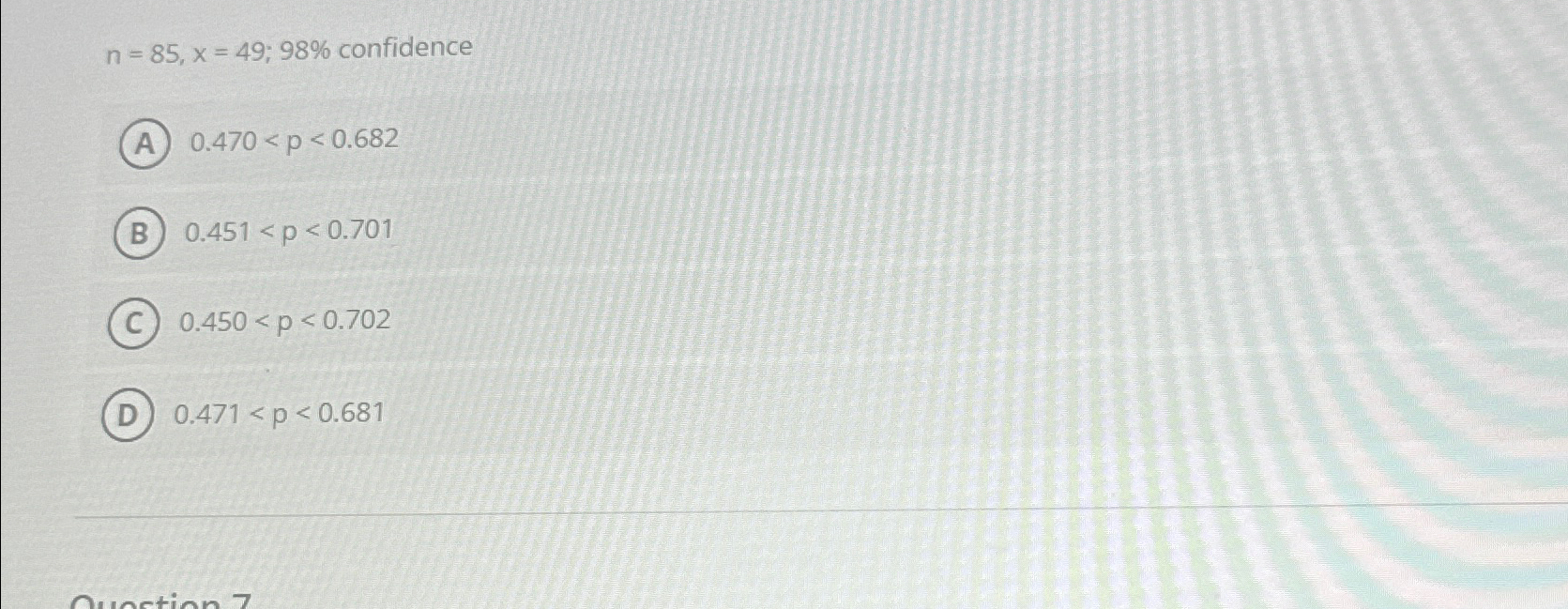 Solved n=85,x=49;98% | Chegg.com