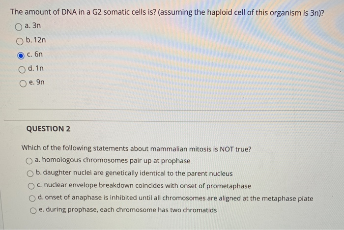 Solved The amount of DNA in a G2 somatic cells is? (assuming | Chegg.com