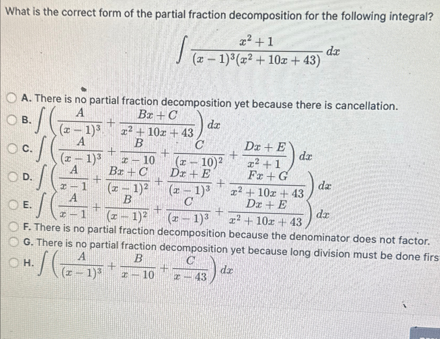 What is the correct form of the partial fraction | Chegg.com