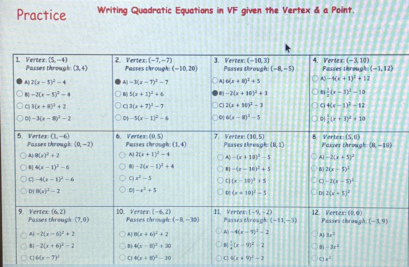 Solved Practice Writing Quadratic Equations in VF given the | Chegg.com