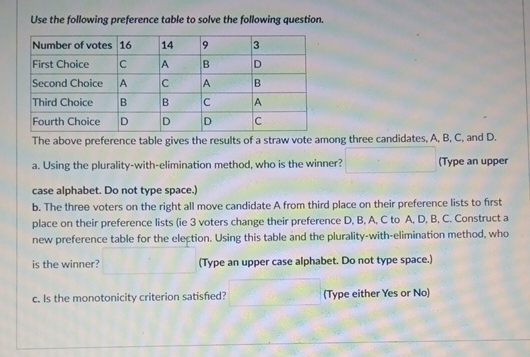 Solved Use The Following Preference Table To Solve The | Chegg.com