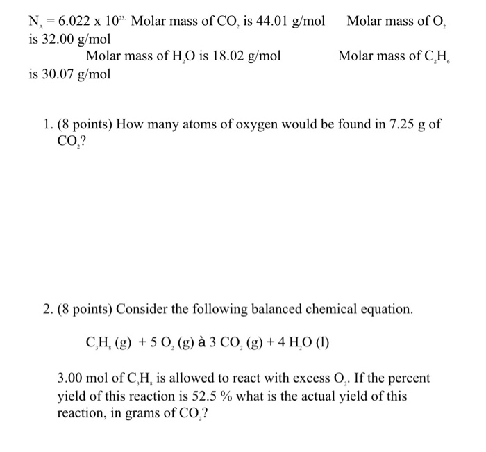 Solved Molar Mass Of O N 6 022 X 10 Molar Mass Of Co Chegg Com