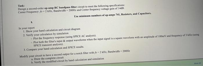 Solved Task: Design a second-order op-amp RC bandpass filter | Chegg.com
