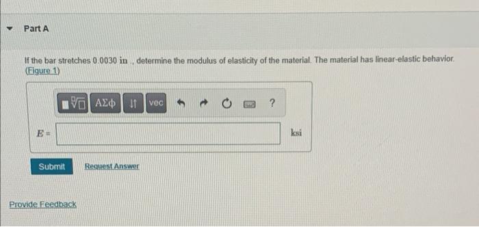 If the bar stretches \( 0.0030 \) in . determine the modulus of elasticity of the material. The material has linear-elastic b