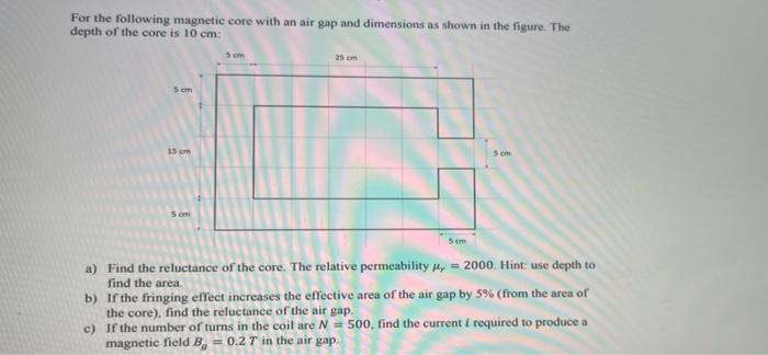 Solved For the following magnetic core with an air gap and | Chegg.com