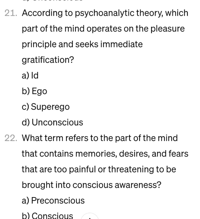 Solved According to psychoanalytic theory, which part of the | Chegg.com
