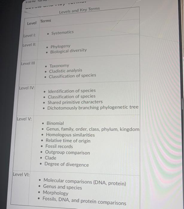 Solved Levels and Key Terms Level Terms Level: . Systematics | Chegg.com