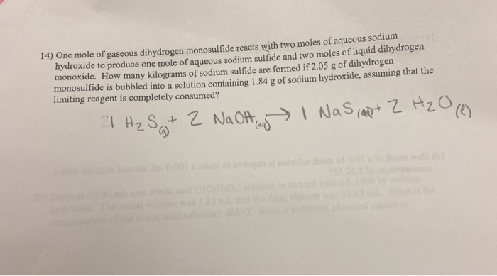 Solved One Mole Of Gaseous Dihydrogen Monosulfide Reacts Chegg Com