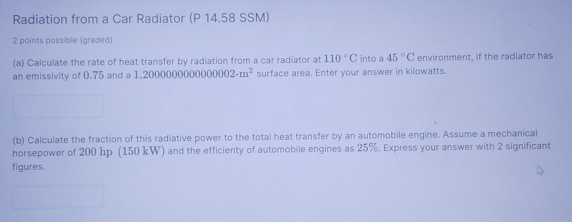 Solved Radiation from a Car Radiator (P 14.58 SSM) 2 points | Chegg.com