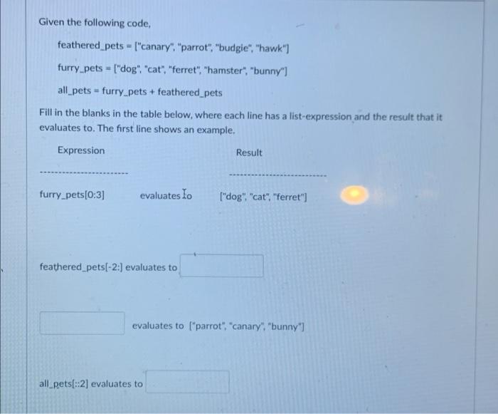 Solved Given the following code, feathered pets = ["canary" | Chegg.com