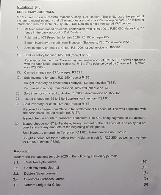 Solved Question 3 (45) SUBSIDIARY JOURNALS Mr Michael runs a | Chegg.com