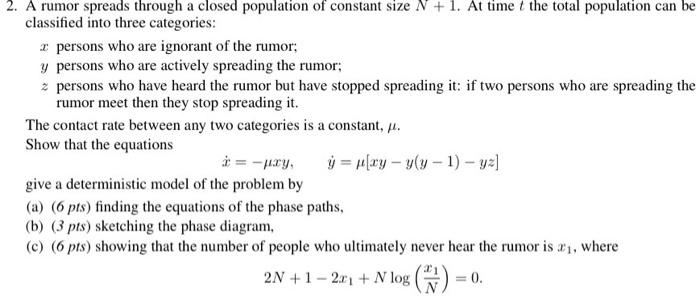 Solved 2. A rumor spreads through a closed population of | Chegg.com