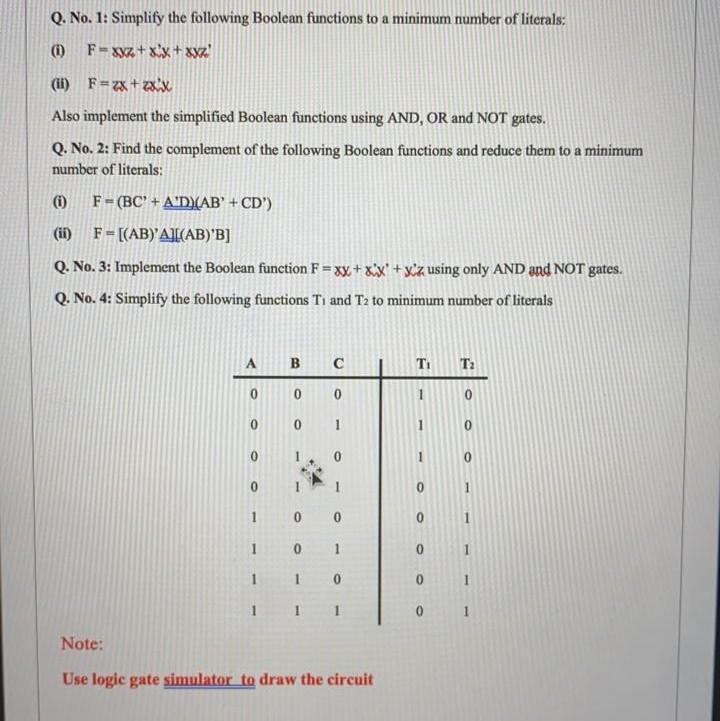 Solved Q. No. 1: Simplify the following Boolean functions to | Chegg.com
