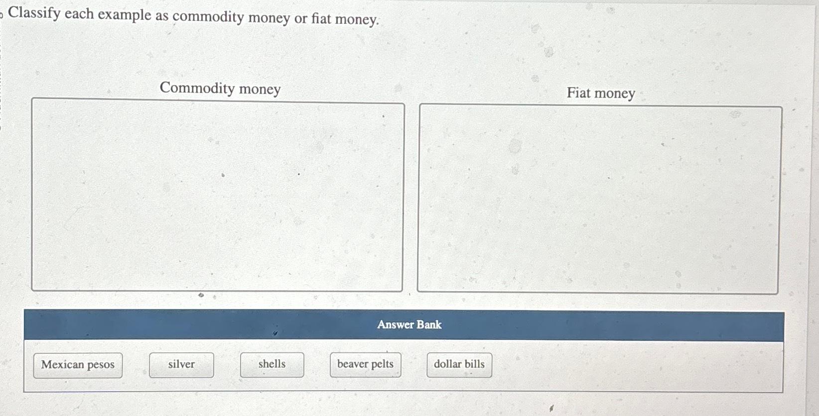 Solved Classify each example as commodity money or fiat | Chegg.com