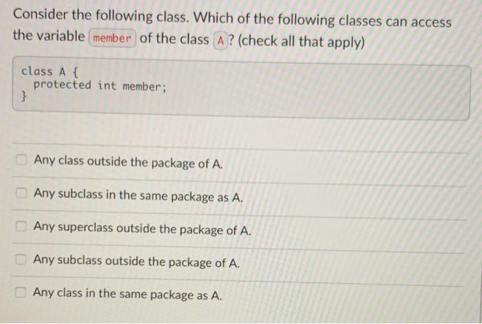 Solved Which of the following access modifiers sets the most | Chegg.com