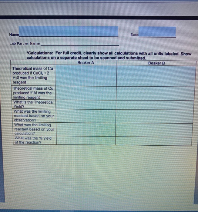 Solved Name Date Lab Partner Name *Calculations: For full | Chegg.com