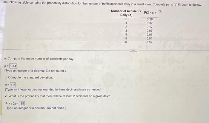 Solved a. Compute the mean number of accidents per day. μ= | Chegg.com