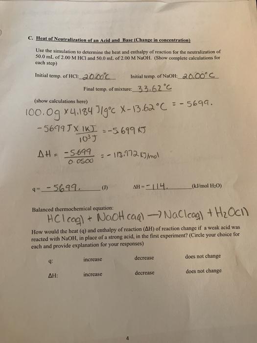 Solved C. Heat of Neutralization of an Acid and Base (Change