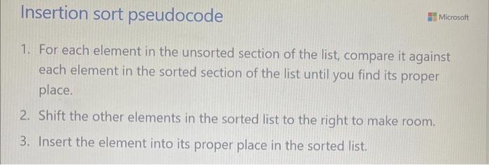 Solved Insertion sort pseudocode =5W Microsoft 1. For each | Chegg.com image.