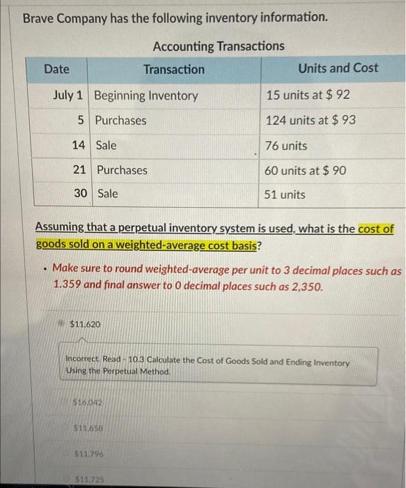 Solved Brave Company has the following inventory | Chegg.com