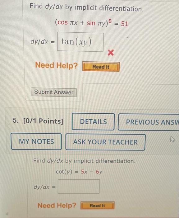 Solved Find dy/dx by implicit differentiation. (сos лx + sin | Chegg.com