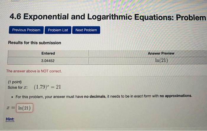 Solved 4.6 Exponential and Logarithmic Equations: Problem | Chegg.com