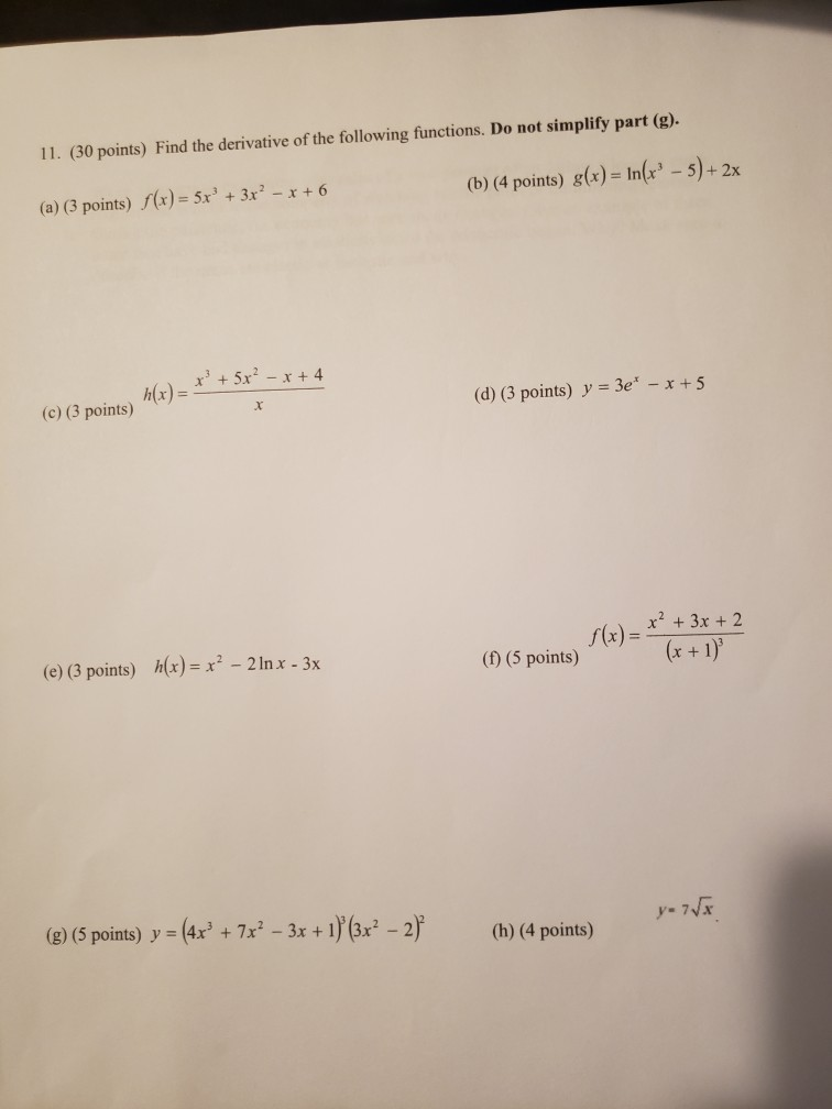 Solved 11. (30 points) Find the derivative of the following | Chegg.com