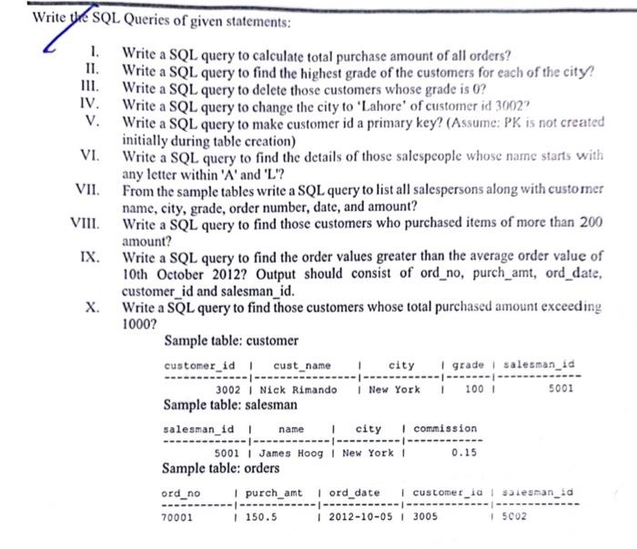 Solved 1. Write A SQL Query To Calculate Total Purchase | Chegg.com