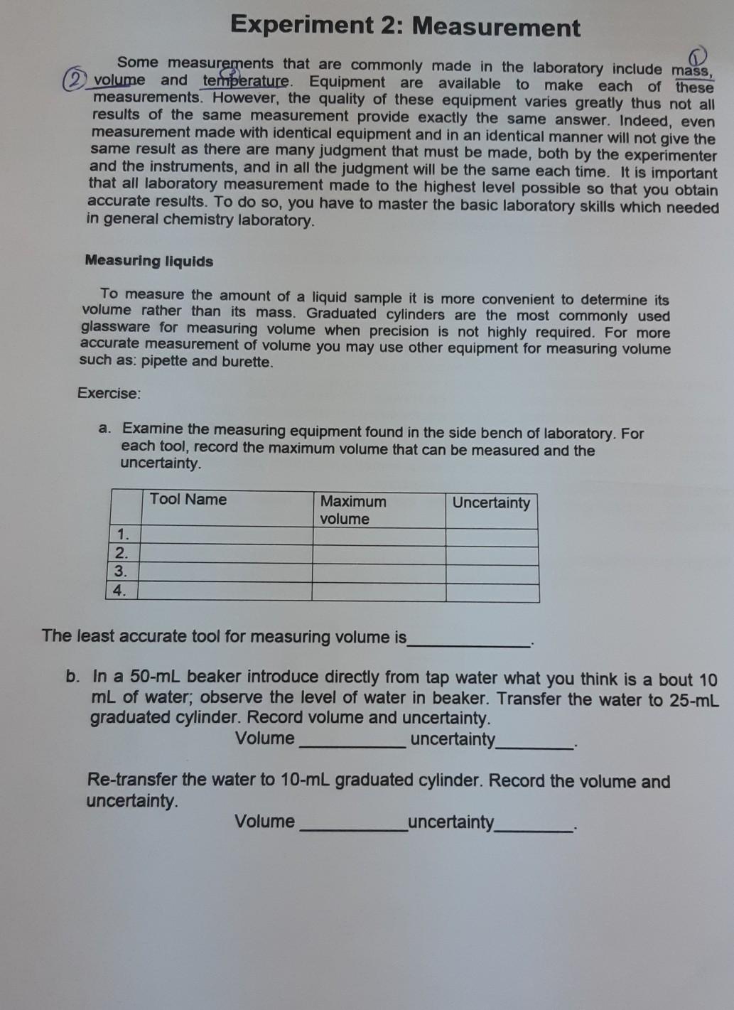 results of measurements in an experiment are