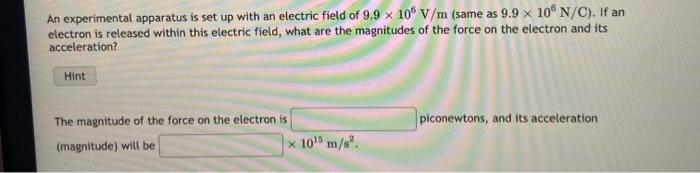 Solved An experimental apparatus is set up with an electric | Chegg.com