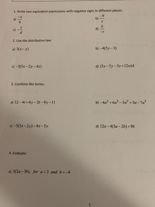 Solved 1 Write Two Equivalent Expressions With Negative Chegg Com