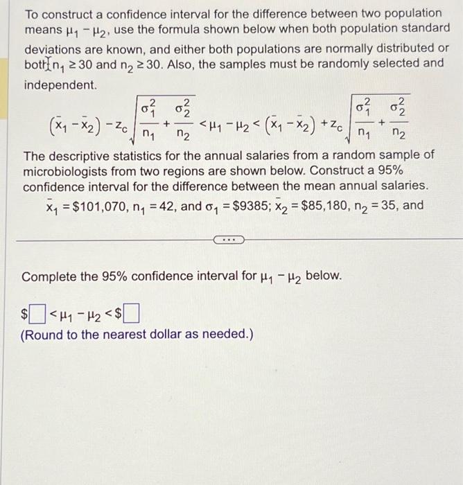 Solved To construct a confidence interval for the difference | Chegg.com