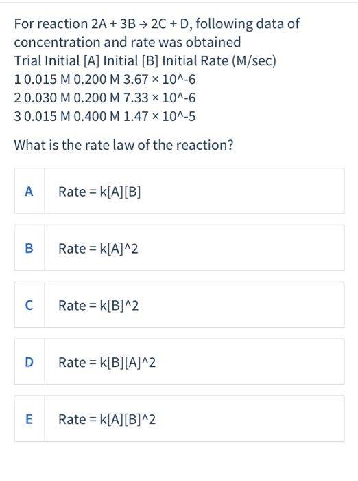 Solved For reaction 2A + 3B + 2C + D, following data of | Chegg.com