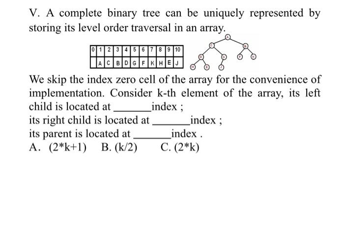 Solved V. A complete binary tree can be uniquely represented | Chegg.com