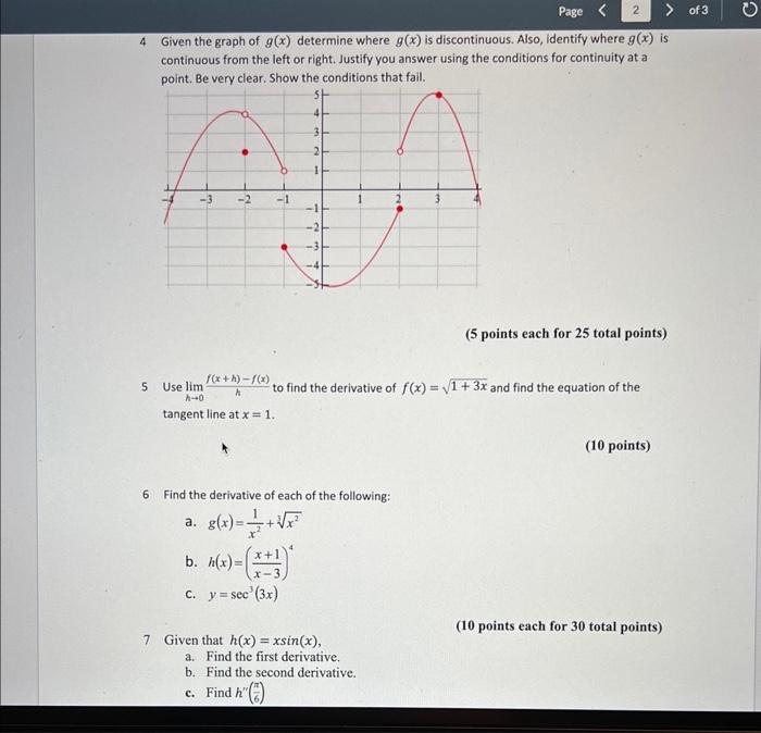 Solved 4 Given the graph of g(x) determine where g(x) is | Chegg.com