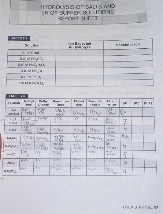Solved HYDROLYSIS OF SALTS AND PH OF BUFFER SOLUTIONS REPORT | Chegg.com
