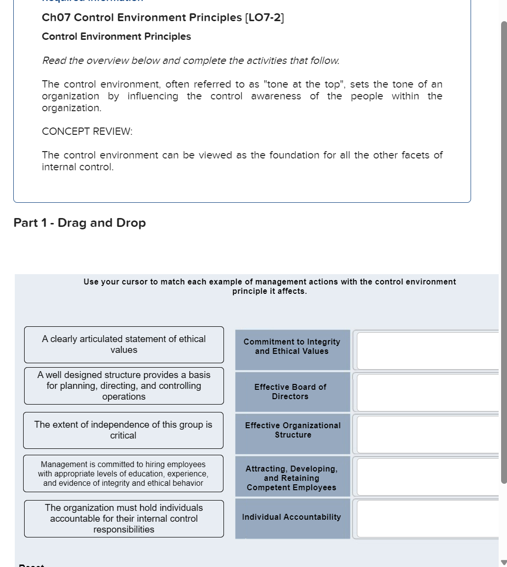 Solved Ch07 ﻿Control Environment Principles [LO72]Control