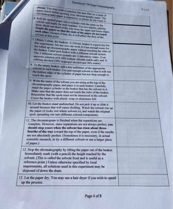 Experiment 726 Paper Chromatography V1.2.1 Obtain. | Chegg.com