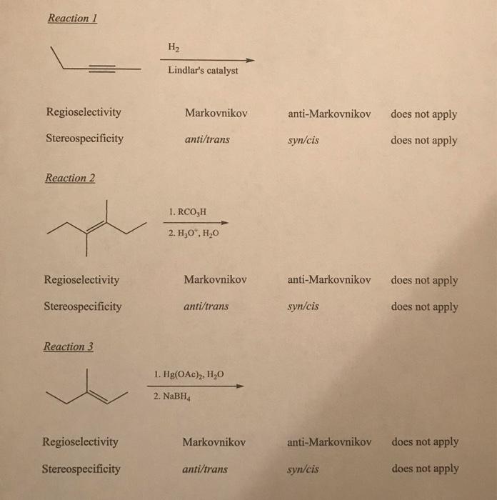 Solved Reaction 1 H Lindlar's Catalyst Regioselectivity | Chegg.com