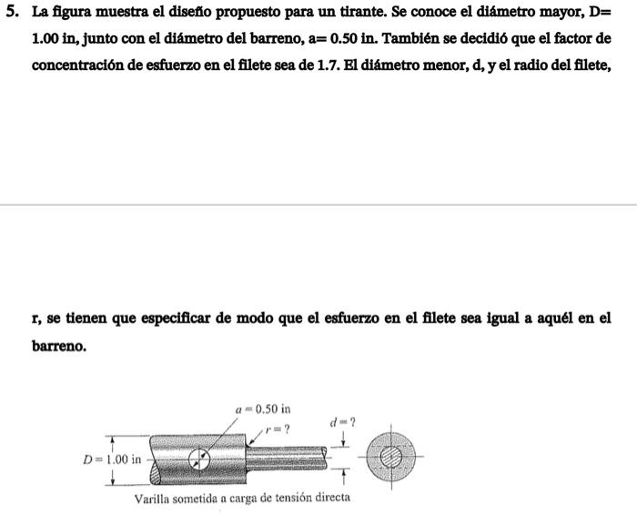 5. La figura muestra el disef́o propuesto para un tirante. Se conoce el diámetro mayor, \( D= \) 1.00 in, junto con el diámet