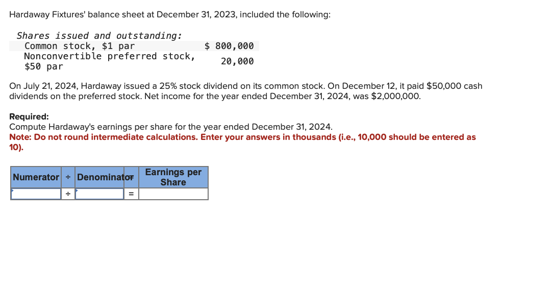 Solved Hardaway Fixtures' balance sheet at December