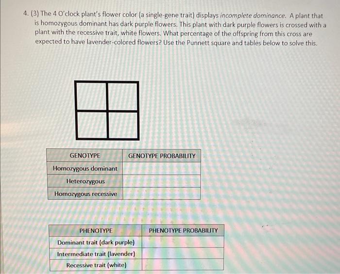 Solved 4. (3) The 4 O'clock plant's flower color (a | Chegg.com