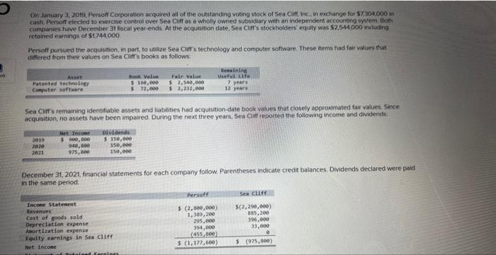 Solved On January 3, 20t9. Persoff Corporation acquired all | Chegg.com